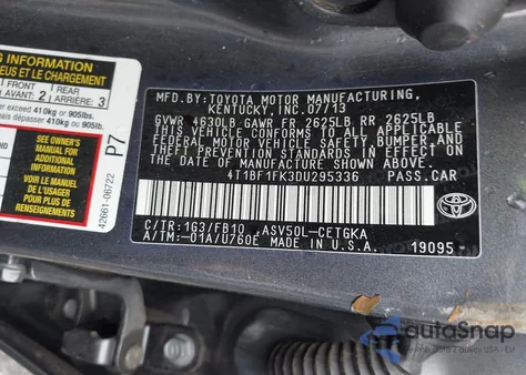 2013 Toyota Camry Xle z USA, uszkodzony, nr VIN 4T1BF1FK3DU295336